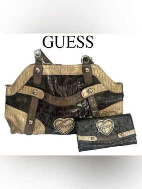 GUESS PURSE WALLET BUNDLE HANDBAG CROCODILE EMBOSSED FAUX LEATHER